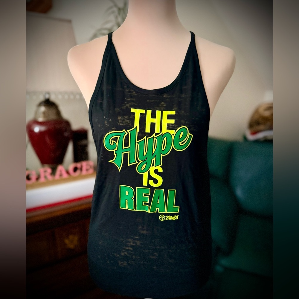 NWOT Zumba Fitness Black Tank Top with Green and Yellow Print